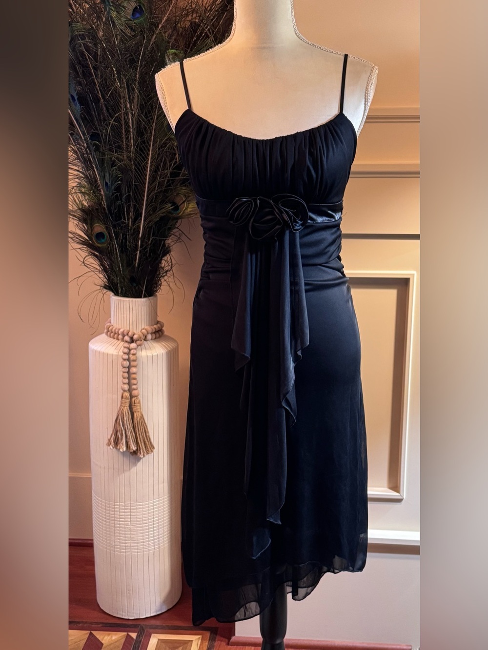 Y2K Ruby Rox Black Spaghetti-Strap Midi Dress with Rosette Tie